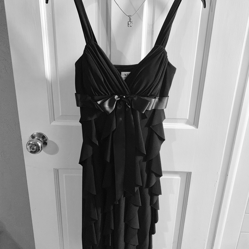 Cache Black Ruffle Bow Front Midi Evening Dress